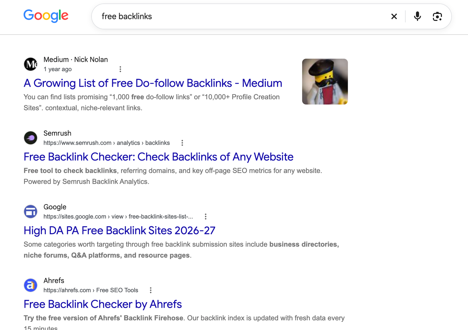 Google search results for 'free backlinks' showing a Medium story first and a Google Sites page third