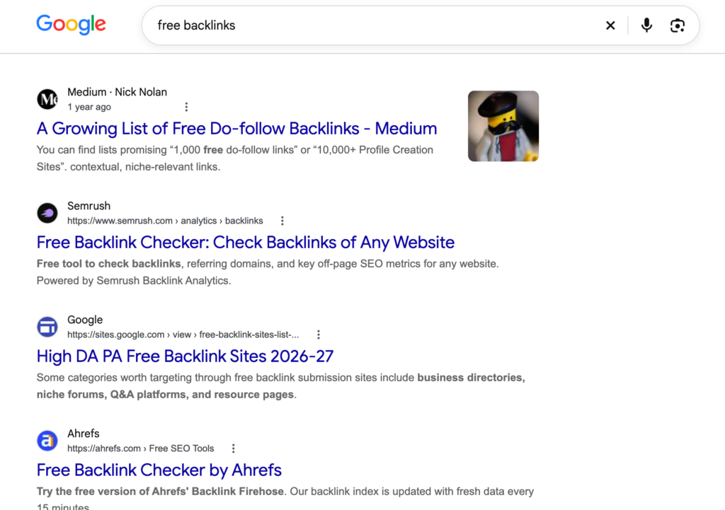 Google search results for ‘free backlinks