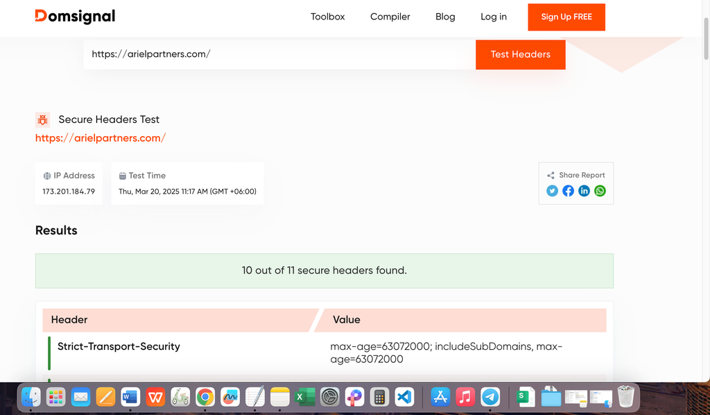 the A+ result after the fix, https header security