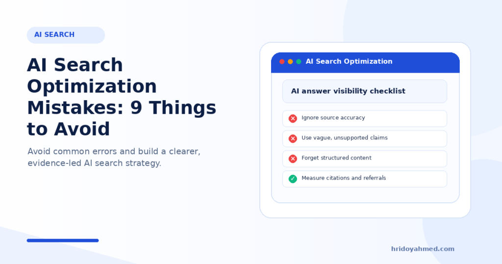 AI search optimization checklist highlighting common mistakes and recommended fixes