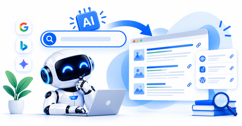 Blue and white illustration of an AI search assistant analyzing web results and linked source cards