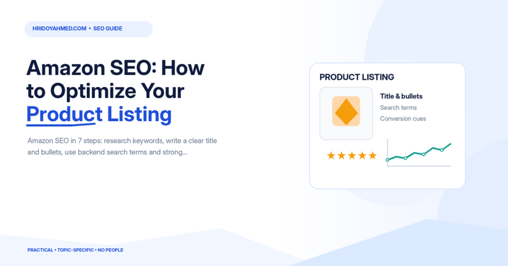 Amazon product listing optimization illustration showing a product image, five-star reviews, title and bullets, search terms and performance chart