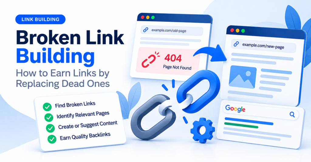 Broken link building illustration showing a 404 dead page transformed into a live replacement page, with broken and working chain links