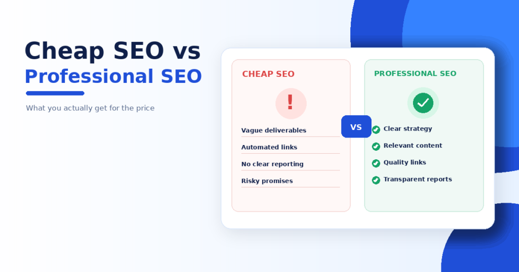Comparison of cheap SEO and professional SEO showing warning signs for vague deliverables and risky promises versus clear strategy, quality links and transparent reports