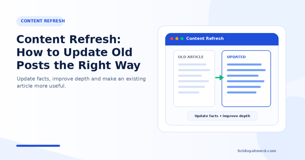 Content refresh SEO illustration showing an old article transformed into an updated page