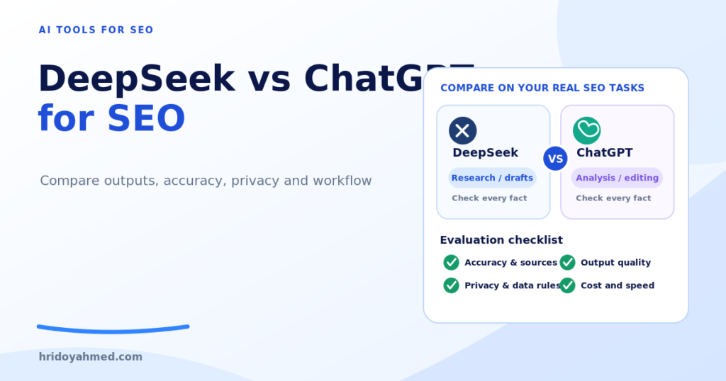 DeepSeek and ChatGPT comparison illustration for SEO research, drafting, accuracy, privacy and workflow evaluation
