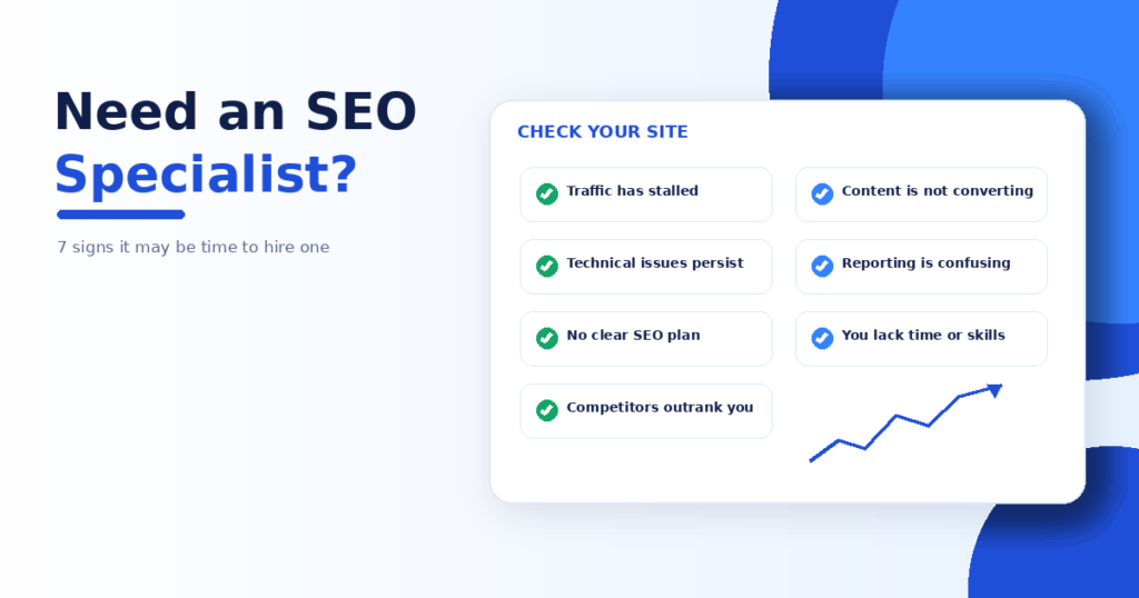 SEO specialist decision checklist showing stalled traffic, technical issues, unclear strategy, competitor gaps, low conversions and reporting problems