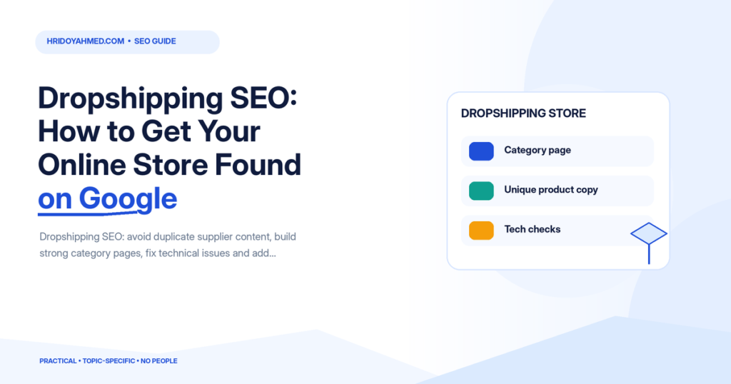 Dropshipping SEO store dashboard with category pages, unique product descriptions and technical checks