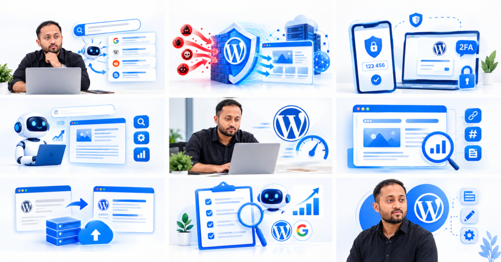 Connected website, brand, AI and search panels illustrating how search engines understand entities