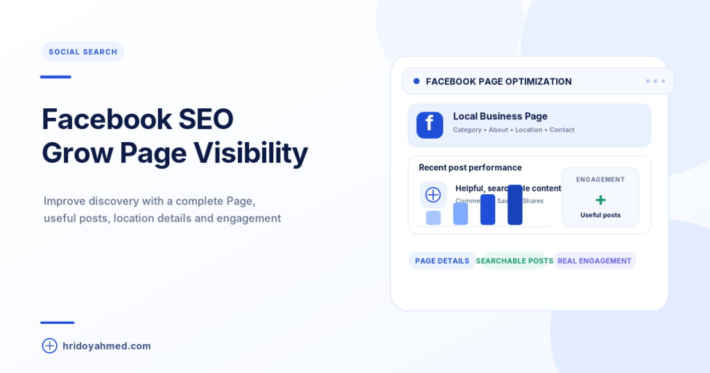 Facebook business Page optimization illustration showing complete business details, searchable posts and engagement metrics