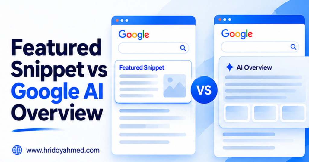 Comparison illustration of a Google featured snippet result and an AI Overview result for an SEO query