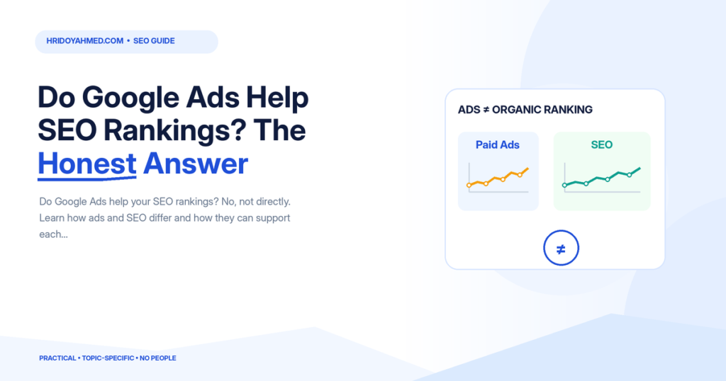Illustration comparing paid Google Ads traffic and organic SEO results, showing that ads do not directly improve organic rankings