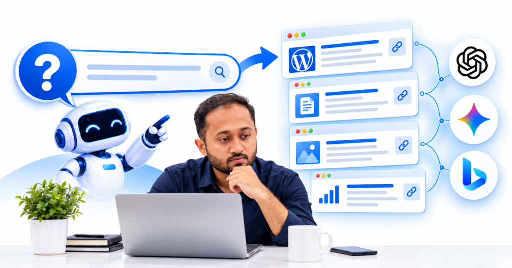 AI-powered search interface showing a question, summarized results and linked web sources