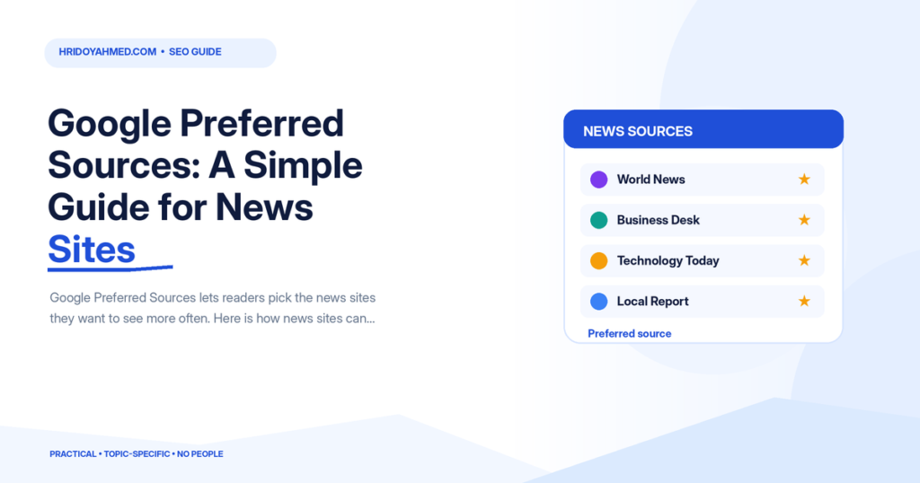 News source preference panel with a list of news publishers and star icons for preferred sources