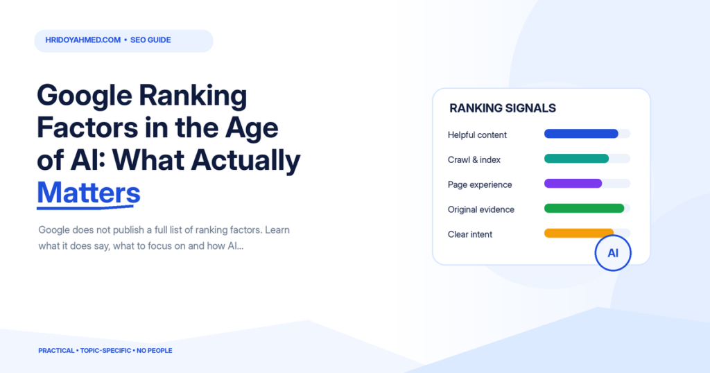 SEO ranking factors dashboard showing helpful content, crawl and indexability, page experience, evidence and search intent