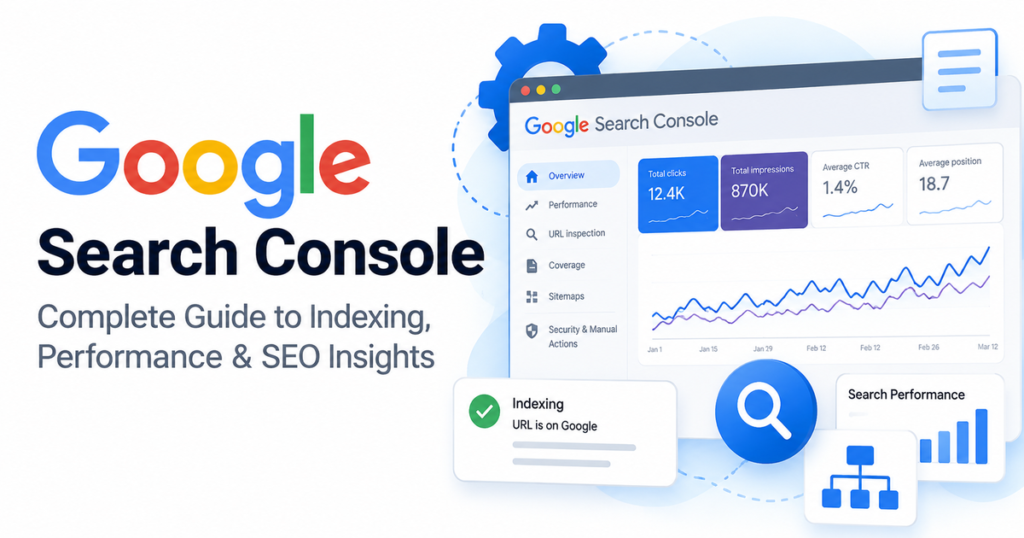Google Search Console dashboard illustration showing search performance charts, indexing status and SEO reports