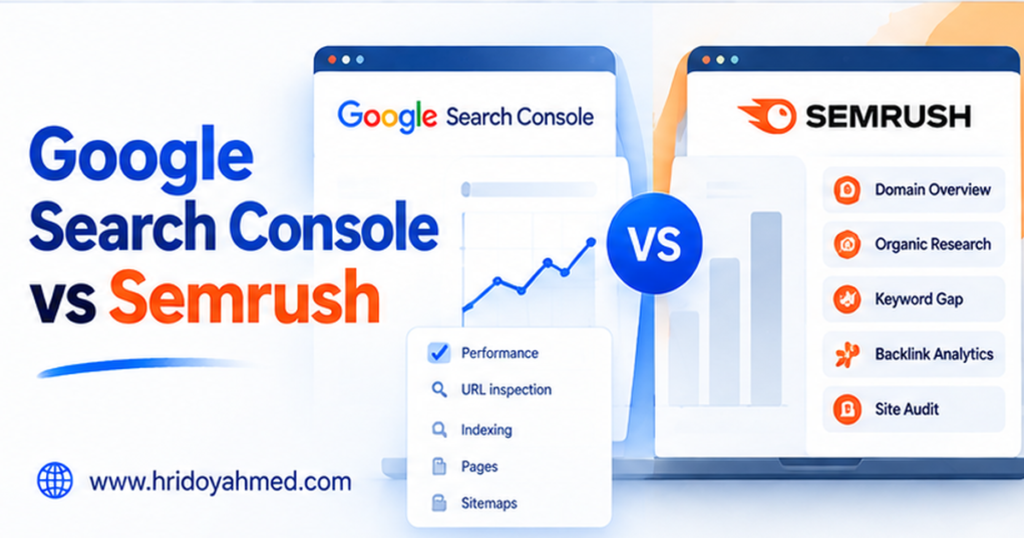 Illustration comparing Google Search Console and Semrush dashboards for search performance, indexing, keyword research and site audits