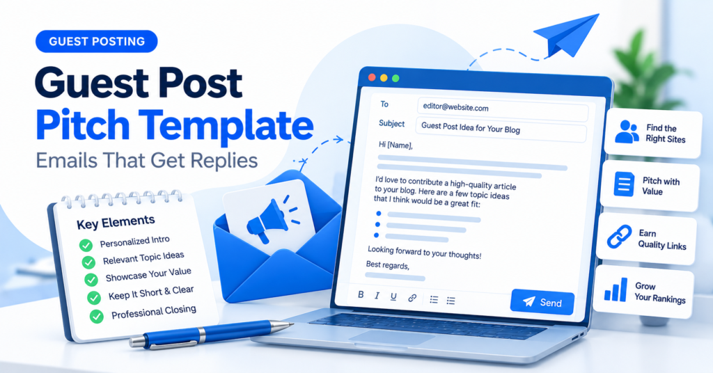 Guest post pitch template illustration showing a personalized outreach email, subject line, concise pitch checklist and send button