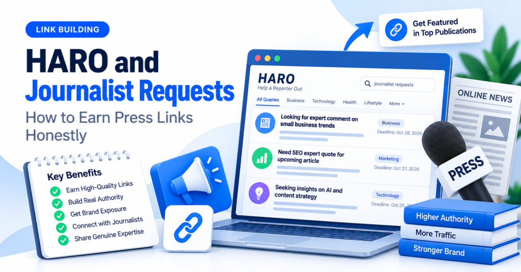 HARO journalist request dashboard illustration with press query cards, deadlines, publication icon and ethical link-building checklist