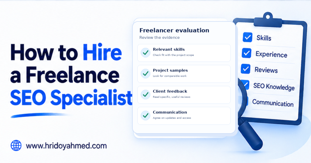 Checklist for hiring a freelance SEO specialist, covering relevant skills, project samples, client feedback and communication