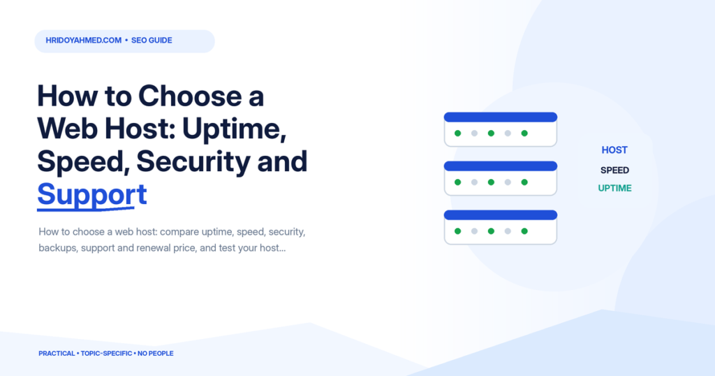 Web hosting comparison illustration with server racks and checks for uptime, speed, backups, security and support