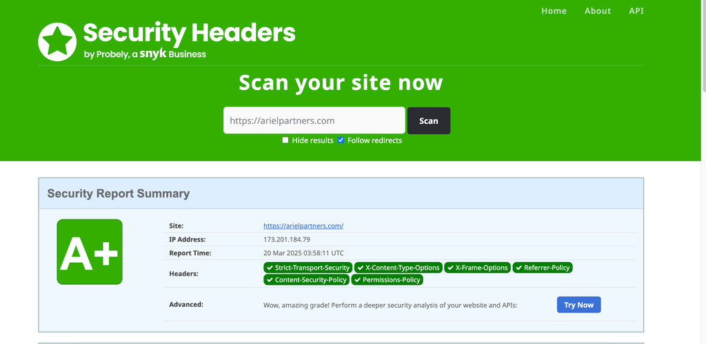 the A+ result after the fix, https header security