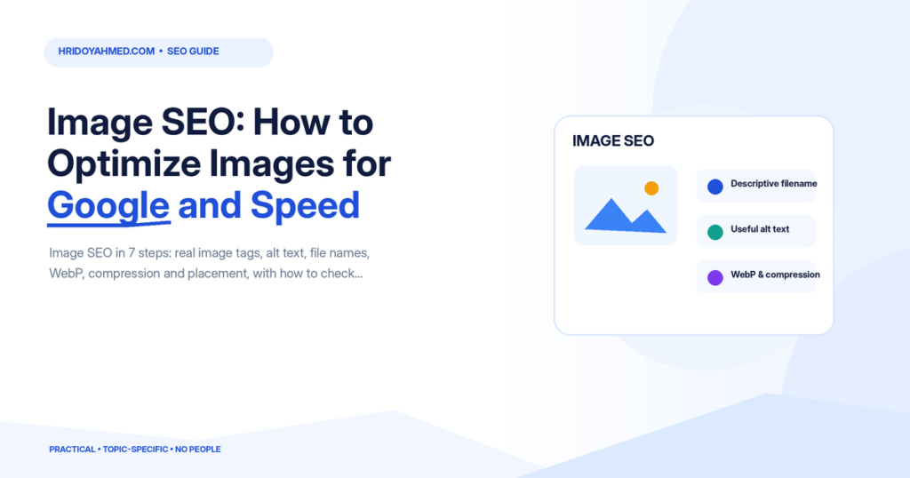 Image SEO checklist with an image placeholder, descriptive filename, useful alt text and WebP compression
