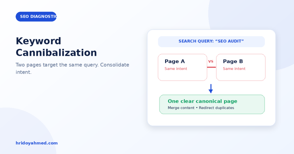 Keyword cannibalization diagram showing two pages targeting the same SEO audit query and one consolidated page