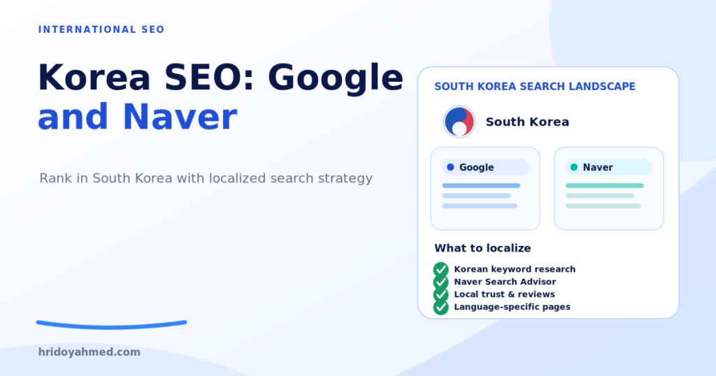 Korea SEO illustration comparing Google and Naver search panels with Korean keyword research, localization and local trust checklist