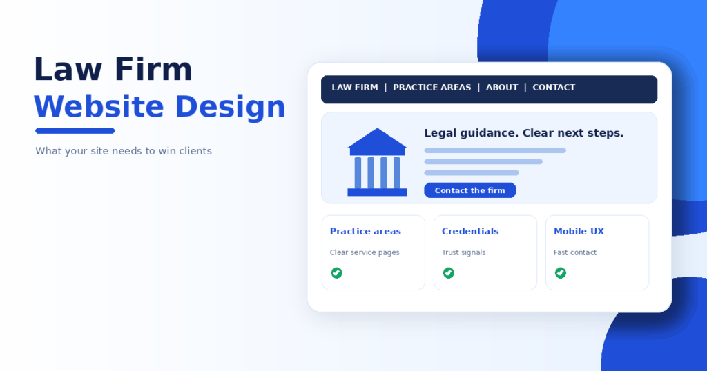 Law firm website design mockup showing practice area pages, firm credentials, mobile-friendly layout and a clear contact button