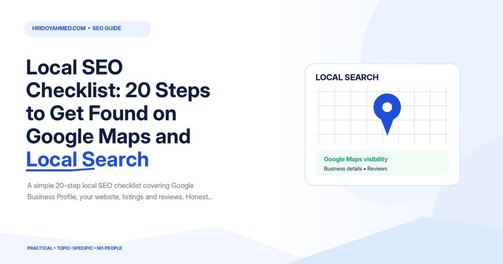 Local SEO illustration with a map pin, business visibility card and checks for business details and reviews