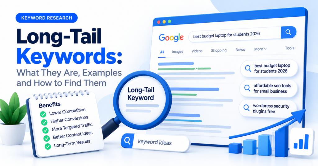 Long-tail keyword research illustration showing a specific search phrase, related query suggestions, a magnifying glass and a keyword benefits checklist