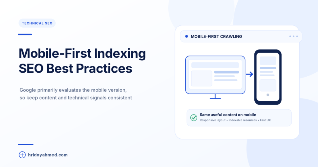 Mobile-first indexing illustration comparing a responsive desktop layout and smartphone page with consistent content