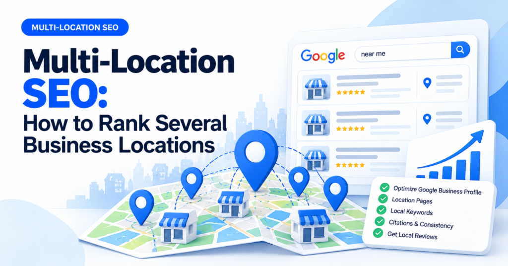 Multi-location SEO illustration showing several storefronts pinned on a map, local search listings and a checklist for location pages, business profiles, citations and reviews