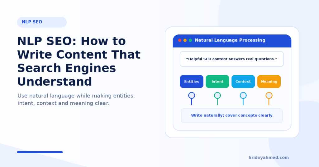 NLP SEO illustration showing content analysis for entities, user intent, context and meaning