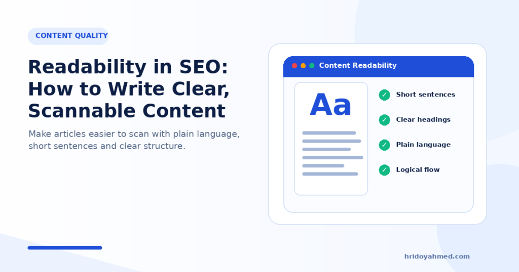 SEO readability illustration with article text, Aa typography and a checklist for clear structure and plain language