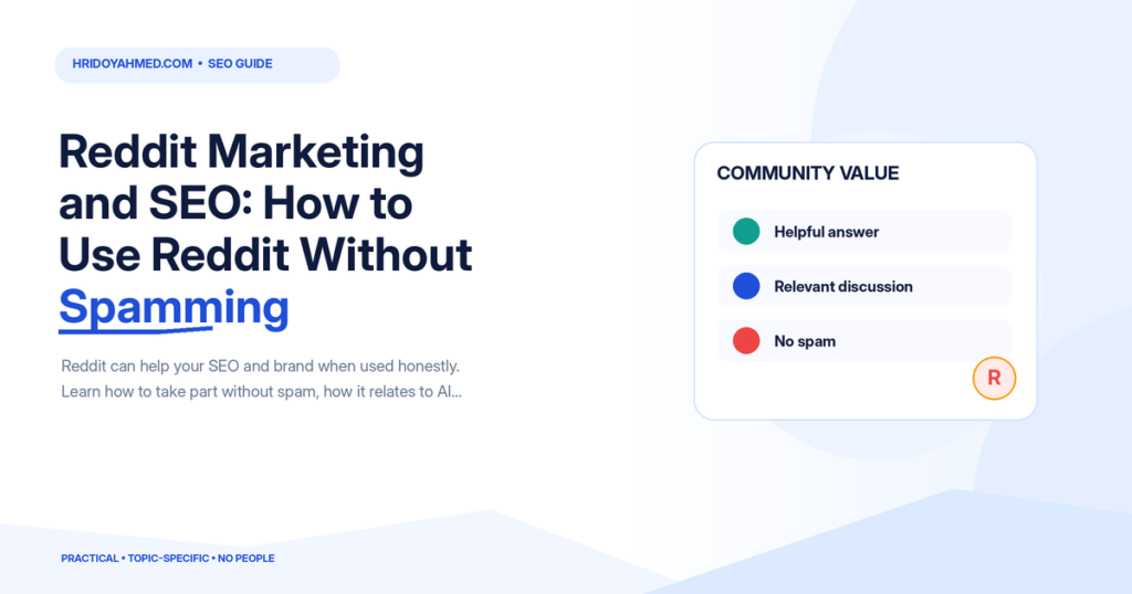 Reddit community participation illustration emphasizing helpful answers, relevant discussions and avoiding spam