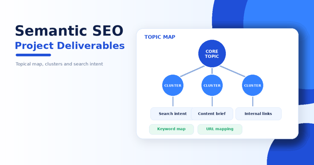Semantic SEO project map connecting a core topic to topic clusters, search intent, content briefs, keyword mapping and internal links