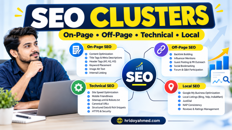 SEO clusters infographic showing on-page, off-page, technical, and local SEO, branded with hridoyahmed.com
