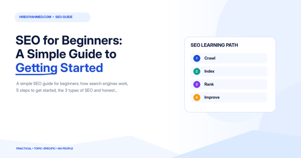 SEO beginner roadmap showing crawl, index, rank and improve steps in a simple learning path