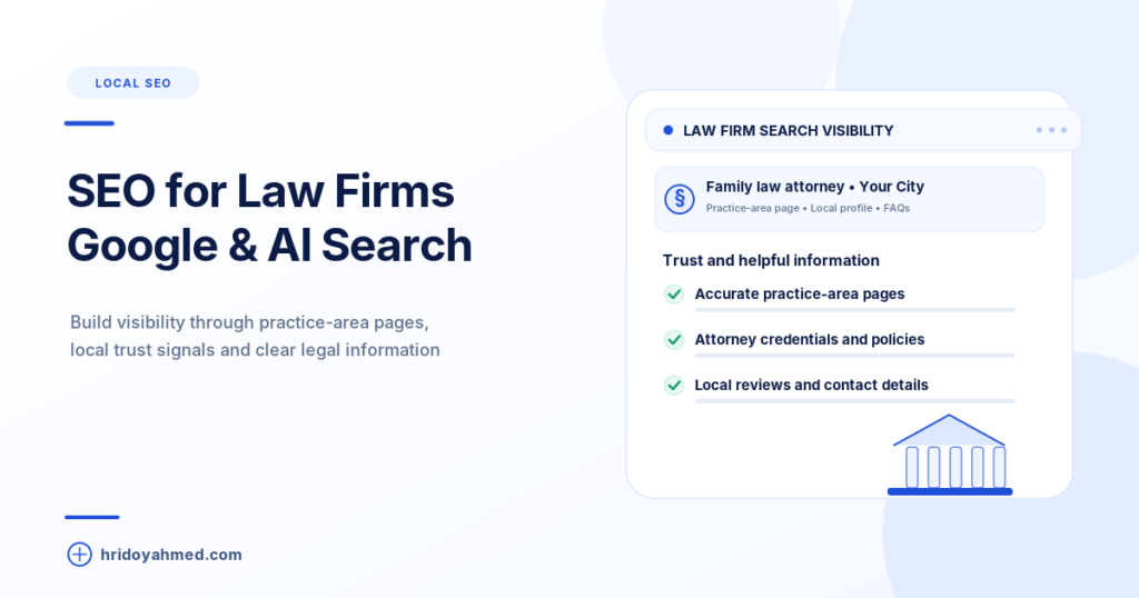 Law firm SEO illustration showing a practice-area search result, accurate credentials, local reviews and helpful legal information
