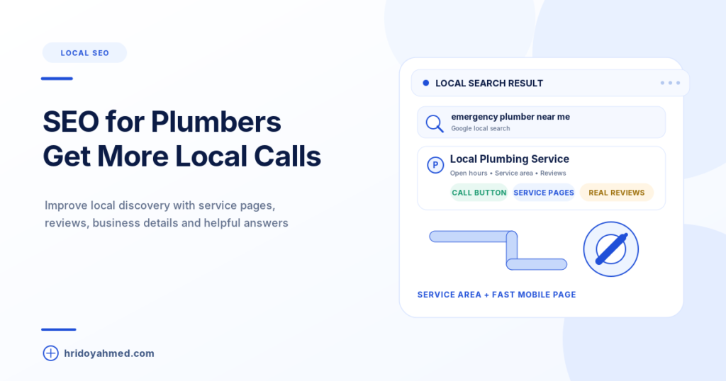 Local SEO search result illustration for a plumbing service with service pages, reviews, hours and a call action
