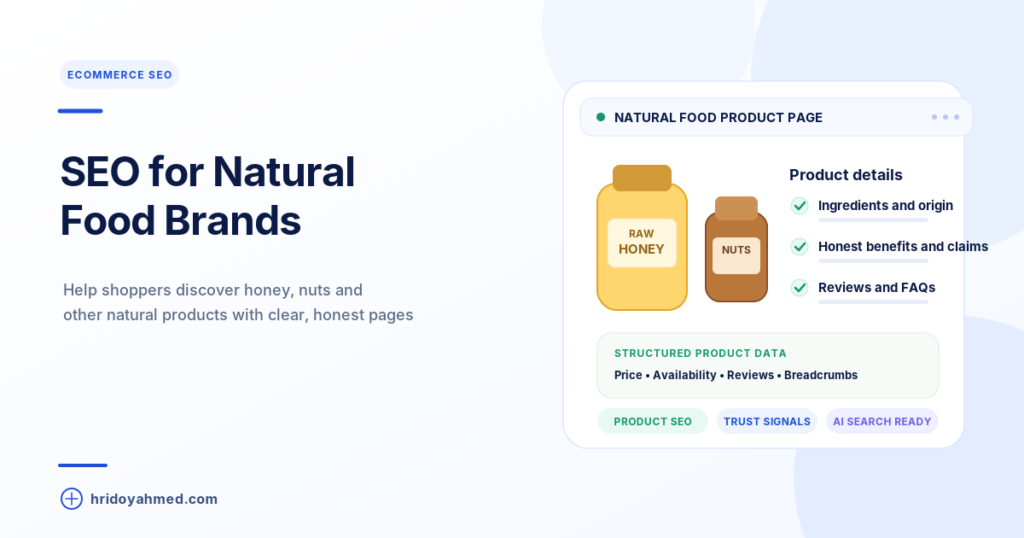 Natural food product SEO illustration with honey and nuts, ingredient and origin details, reviews and structured product data