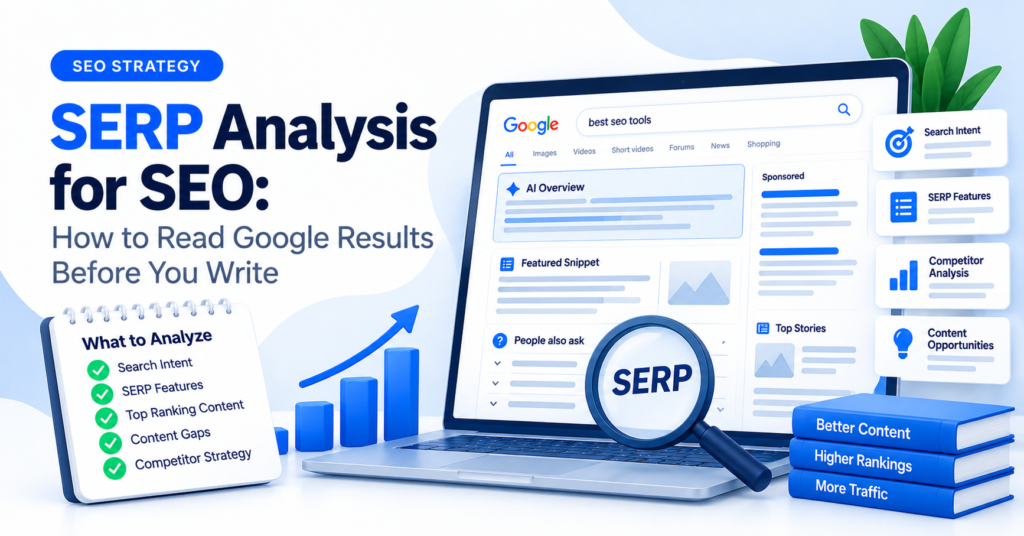 SERP analysis illustration showing Google search results with AI Overview, featured snippet, People Also Ask, sponsored listings and a checklist of search intent and competitor content
