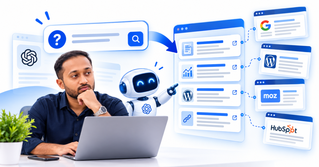 Digital marketing specialist reviewing online search results, local business listings and connected web sources