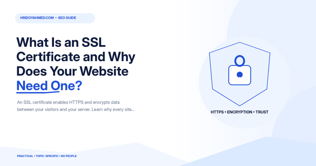 SSL certificate illustration with a secure shield and padlock representing HTTPS encryption