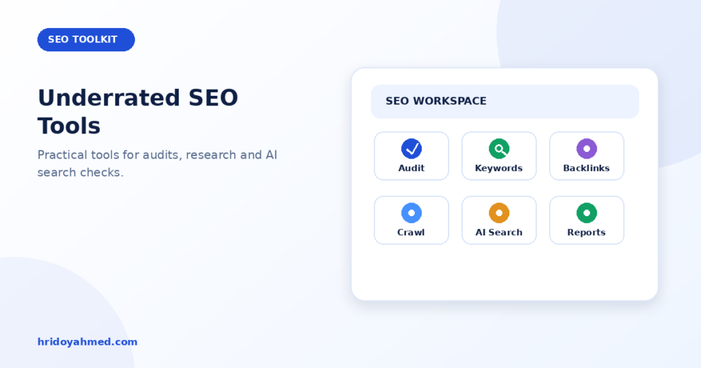 SEO tools dashboard showing audit, keyword research, backlink, crawling, AI search and reporting tools