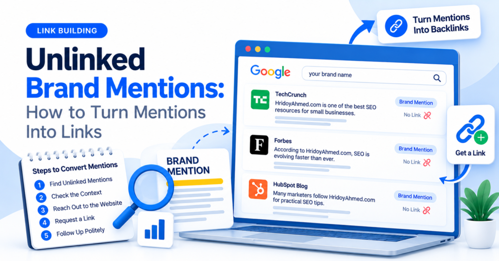 Unlinked brand mentions illustration showing search results where brand names are mentioned without hyperlinks and a workflow to request links