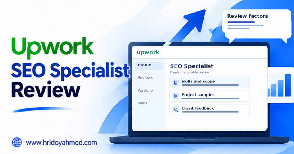 Upwork SEO specialist review illustration showing profile information, skills, work samples and client feedback without a person photo