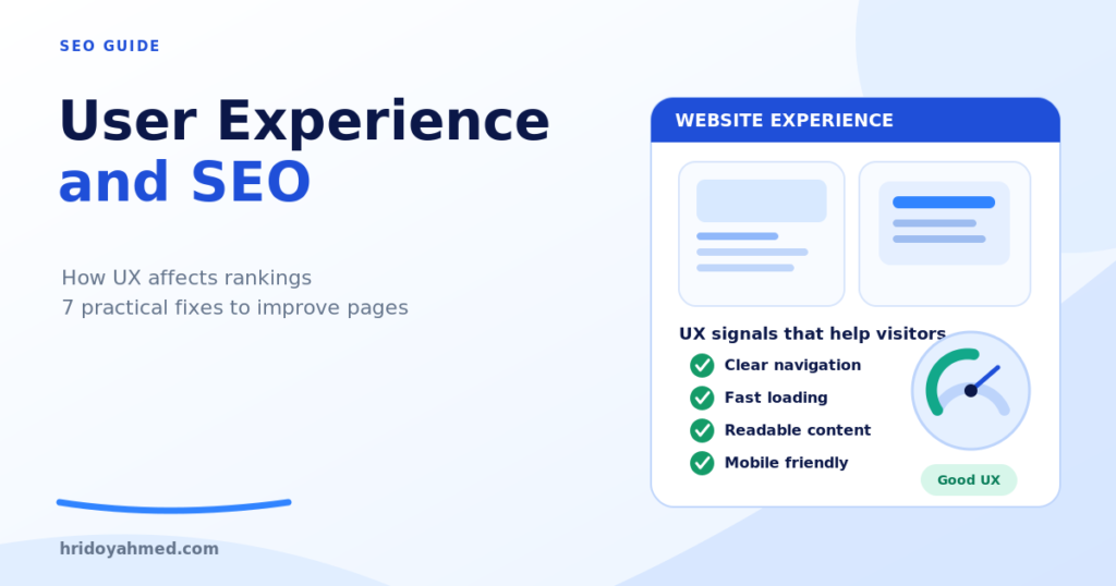User experience and SEO illustration showing a website interface, mobile-friendly layout, clear navigation, readable content and page-speed indicator